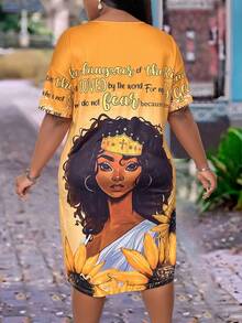 Maweii Plus Size Summer V-Neck Portrait Printing Short Sleeve Casual Dress - Yellow - View 2