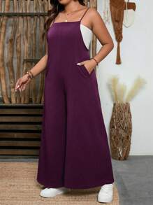 EMERY ROSE Plus Size Textured Fabric Square Collar Casual Jumpsuit