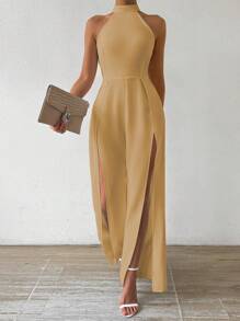 Calvaya Women Summer Solid Color Halter Neck High Waist Split Jumpsuit