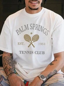 Men's Fashion Tennis Racket Printed Round Neck Casual T-Shirt - White - View 1