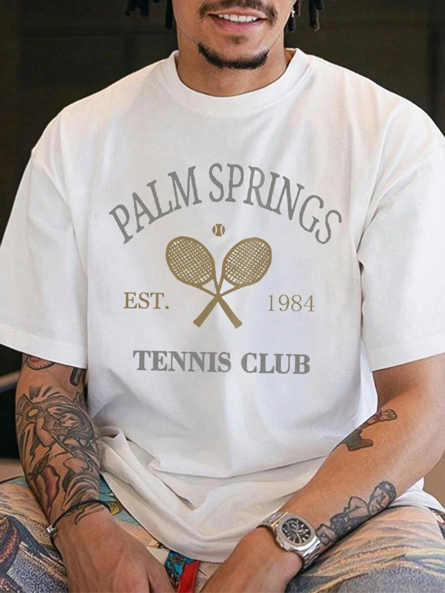 Men's Fashion Tennis Racket Printed Round Neck Casual T-Shirt - White - View 1