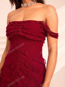 Mesh Ruffle Trim Off Shoulder Ruched Split Thigh Sheer Unlined Formal Dress Party Dress Wedding Guest Dress Evening Dress,Gown