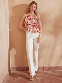 MOTF PREMIUM ALLOVER FLORAL PRINT SURPLICE NECK RUFFLE TRIM PEPLUM BLOUSE - Multicolor - View 7