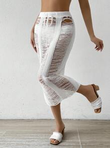 SHEIN Swim Women Summer Hollow Out Drawstring Waist Long Cover Up Skirt - White - View 1