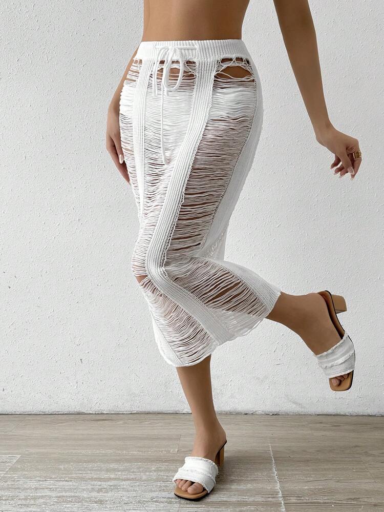 Women Summer Hollow Out Drawstring Waist Long Cover Up Skirt