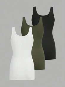 SHEIN Essnce Multicolor Women Solid Color Simple Style Sleeveless Casual Tank Top - Army Green - View 2