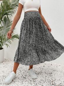 SHEIN 孕妇装碎花褶皱腰飘逸下摆半身裙，适合夏季度假 - 黑色 - 查看 5