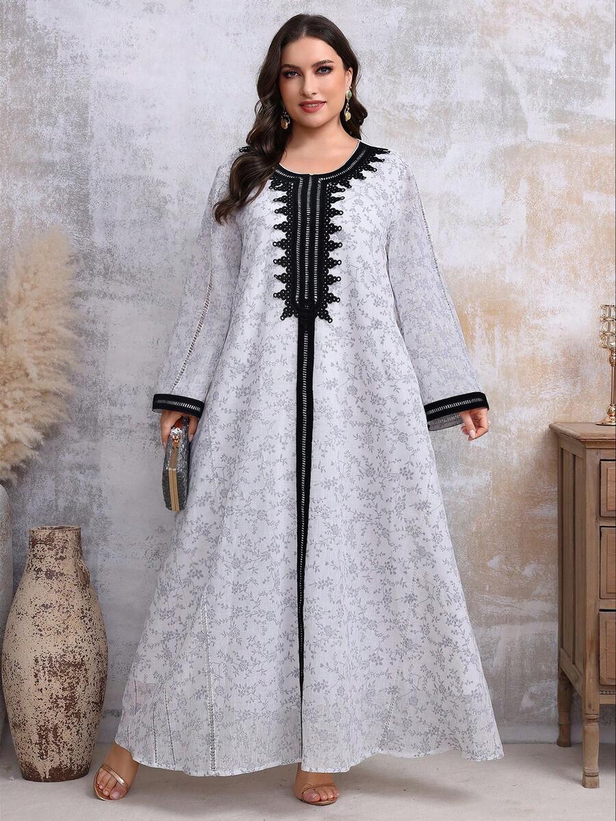 Große Größen Kleid mit Blume Muster und Kontrastspitze an den Glockenärmeln, Frühling/Sommer