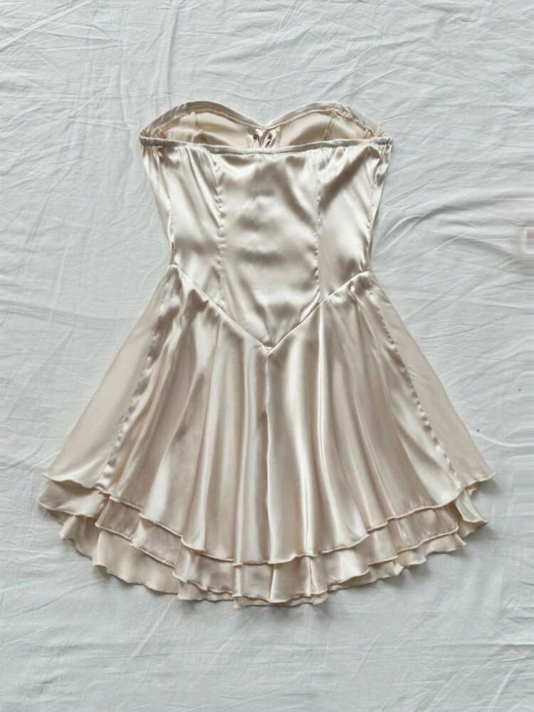 Plus Size Women's Champagne Satin Strapless Eyelet Corset A-Line Dress,White Summer Curve Party Picnic,Backless Pleated Prom Cocktail Mini Dress