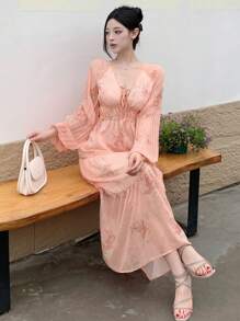 DAZY 女士V领印花灯笼袖连衣裙，荷叶边，秋季长袖连衣裙，复活节 - 珊瑚橙 - 查看 2