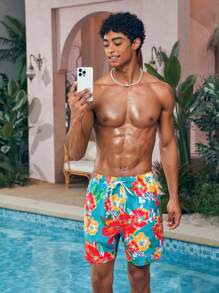 Manfinity VDAYZ 1 pieza Pantalón corto de playa con estampado floral gráfico para hombres, traje de baño a juego para parejas, para la playa, vacaciones, hawaiano