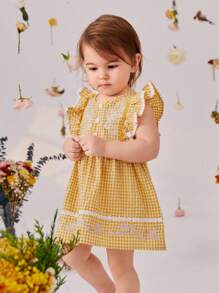SHEIN Babymeisje Lotusblad Geborduurde bloemen Damboord Korte mouwen Jurken Met Vlinderdas Hoofddoek , Elegant , Comfortabel En Perfect Voor Vakantie In Lente En Zomer