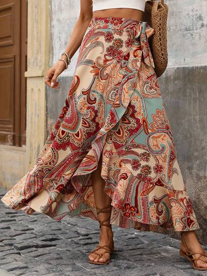 Breezaya Women Randomly Cut Waist Floral Print Vacation Skirt With Knotted Belt, Asymmetric Hem And Ruffle Details Maxi Vacation Beach Outfit Fall Cloth For Women