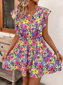 SHEIN Frenchy Vestido de cintura ceñida con estampado tropical floral y detalle de volantes para mujer de vacaciones de verano - Lila Púrpura - Ver 5