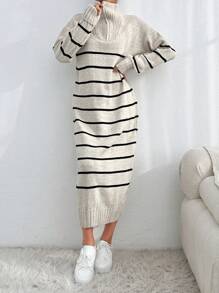 EURMUSE Women's Maxi Length Zipper Stripe Knitwear Dress - Black and White - View 4