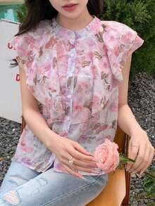 DAZY Women Fashion Vacation Floral Printed Ruffle Sleeve Blouse For Summer - Pink - View 4