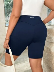 SHEIN Essnce Women's Plus Size Summer Casual Sports Elastic Waistband Black Cycling Shorts - Navy Blue - View 6