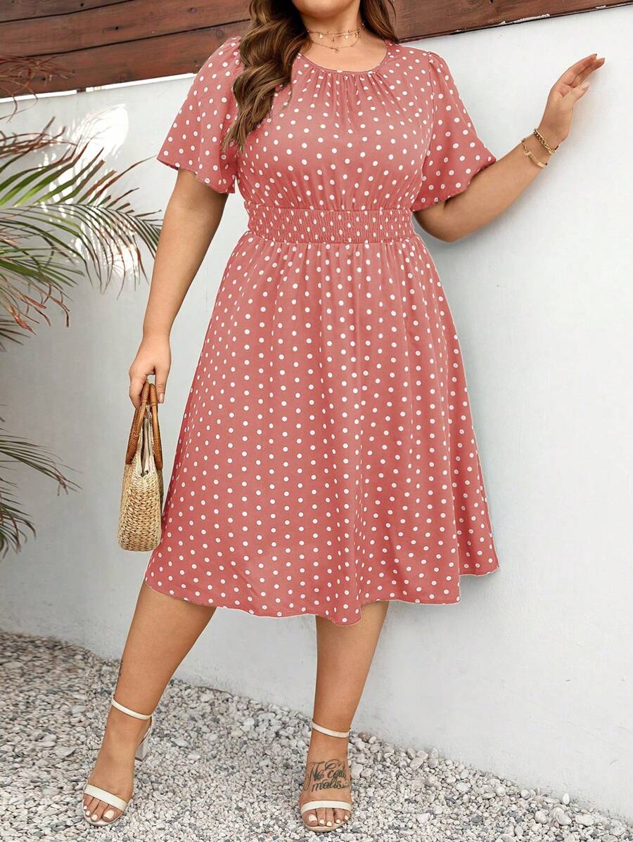 SHEIN Clasi Vestido de verano con estampado de lunares de talla grande con cintura imperio - Rosa - Ver 1