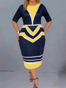 SHEIN Clasi Plus Size Printed Knitted Slim Fit Half Sleeve Dress - Black and White - View 1