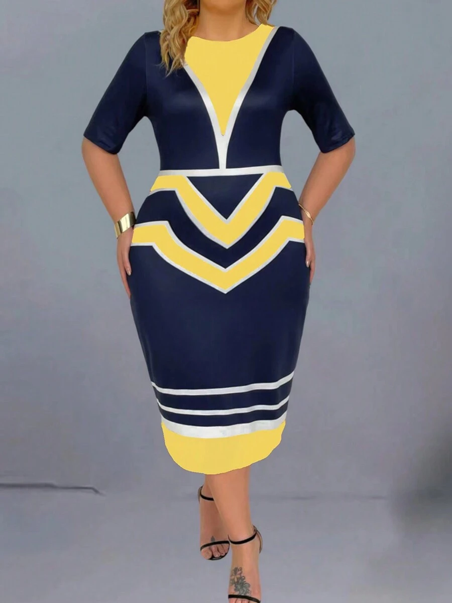 SHEIN Clasi Plus Size Printed Knitted Slim Fit Half Sleeve Dress - Black and White - View 1