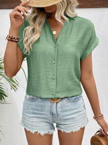 EMERY ROSE Women Summer Casual Solid Color Notched Collar Batwing Sleeve Shirt