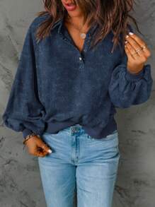 CILKOO 半扣插肩袖运动衫，长袖上衣 - 藏蓝色 - 查看 4