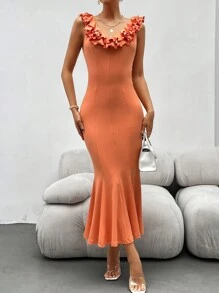 SHEIN Privé 女士派對純色荷葉邊修身高腰長裙，萊恩風格。適合浪漫之旅，適合度假、音樂節、母親節、結婚週年紀念日、復活節、教師節 - 橘色 - 查看 3