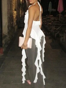 夏季性感荷叶边露背挂脖无袖上衣