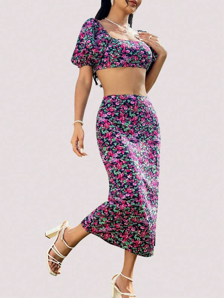 Women's Floral Print Puff Sleeve Top And Split Hem Skirt Two-Piece Set