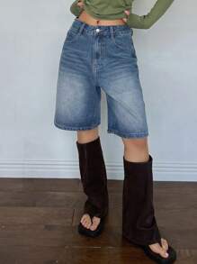 DAZY 女士拉鍊開襟寬腿牛仔短褲 - 中等水洗藍 - 查看 2