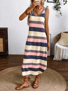 SHEIN LUNE Spring/Summer Casual Color-Block Striped Sleeveless Dress With Curved Hem Maxi Women Outfit