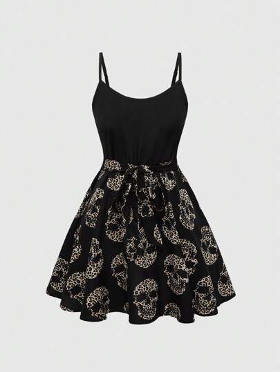 Goth Women's Summer Leopard Print And Skull Pattern Splicing Spaghetti Strap Dress