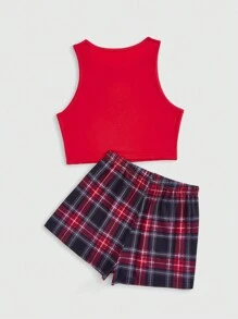 ROMWE Grunge Punk Dark Punk Rock Spider Print Vest And Plaid Shorts Casual Pajama Set, School