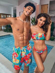 Manfinity VDAYZ 1 pieza Pantalón corto de playa con estampado floral gráfico para hombres, traje de baño a juego para parejas, para la playa, vacaciones, hawaiano