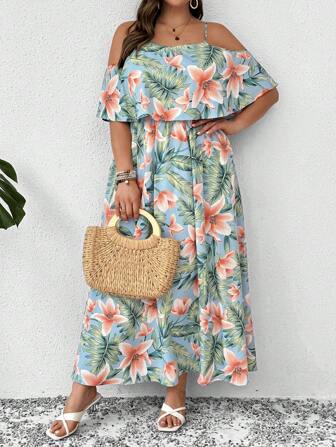 SHEIN LUNE Plus Tropical Print Cold Shoulder Ruffle Trim  Summer Outfits Dress,Beach Dress Sundress,Holiday Outfits Boho