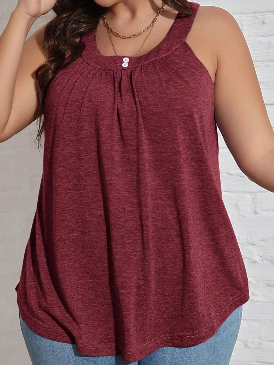 SHEIN LUNE Plus Size Summer Simple Loose Pleated Casual Tank Top - Red - View 1