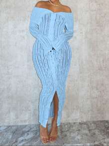 Women Elegant Textured Jacquard Knit Dress Off Shoulder Dress Long Sleeve Button Down High Split Bodycon Party Outfit For Night Out & Events - 藍色 - 查看 4