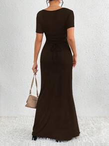 SHEIN Clasi Đầm Maxi dài tay ngắn cổ vuông màu trơn thanh lịch cho nữ - Màu nâu  Mocha - Xem 2