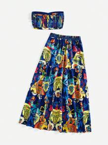 SHEIN VCAY Summer Vintage Printed Strapless Top And Skirt Set For Vacation