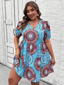 SHEIN VCAY 大尺碼度假泡泡袖V領彈性腰全印花連衣裙 - 彩色 - 查看 5