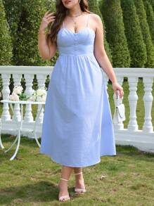 SHEIN Frenchy 夏季大碼女士條紋鈕飾細肩帶連衣裙 - 淺藍色 - 查看 2