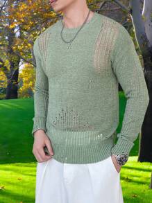 Manfinity Homme 男士長袖破洞毛衣 - 綠色 - 查看 3