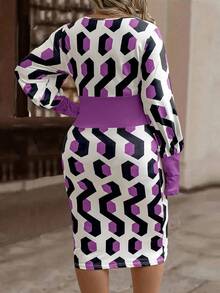 EMERY ROSE Plus Size Geometric Print Long Sleeve Dress - Purple - View 2