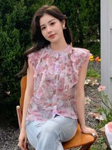 DAZY Women Fashion Vacation Floral Printed Ruffle Sleeve Blouse For Summer - Pink - View 1