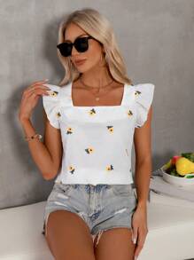 SHEIN Essnce Women Summer Casual Floral Embroidery Square-Neck Ruffle Trim Decoration Holiday Blouse - Multicolor - View 3