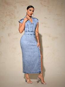 SHEIN SXY Women Buttoned Half Placket Collared Side Slit Hem Long Denim Dress - Light Wash - View 5