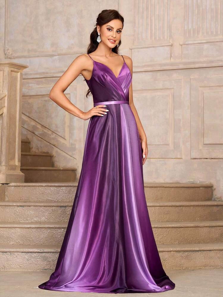 Elegant Halter V-Neck Handmade Gradient Purple A Swing Back Deep V Gratitude Saving Party Dinner Dress