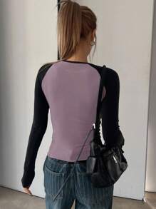 DAZY Áo thun màu dài tay Slim Fit thông thường - Bụi tím - Xem 2