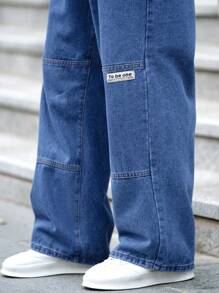 Claim Dot 男士时尚日常直筒牛仔裤宽松长款酸洗深色牛仔工装裤纯色浅蓝色派对休闲朋友外出街头学院运动 - 中等水洗藍 - 查看 4