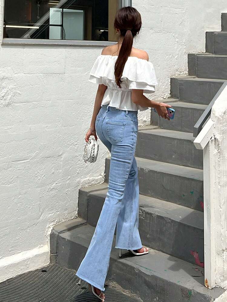 Ladies Summer Solid Color Off Shoulder Ruffle Hem Blouse Valentine's Day